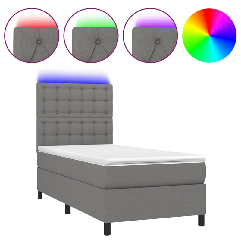 vidaXL sötétszürke szövet rugós és LED-es ágy matraccal 100x200 cm