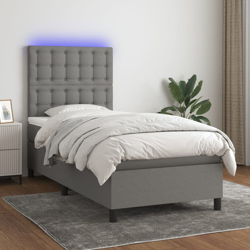 vidaXL sötétszürke szövet rugós és LED-es ágy matraccal 100x200 cm