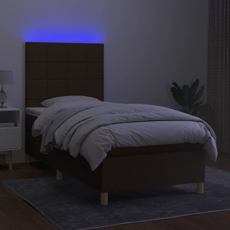 vidaXL barna szövet rugós és LED-es ágy matraccal 90x190 cm