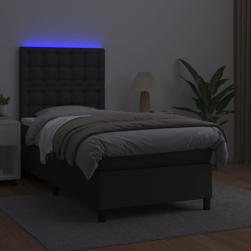 vidaXL fekete műbőr rugós ágy matraccal és LED-del 90x190 cm