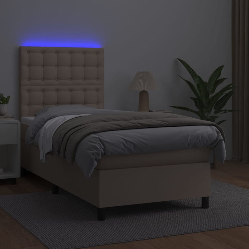 vidaXL cappuccino színű műbőr rugós ágy matraccal és LED-del 90x200 cm
