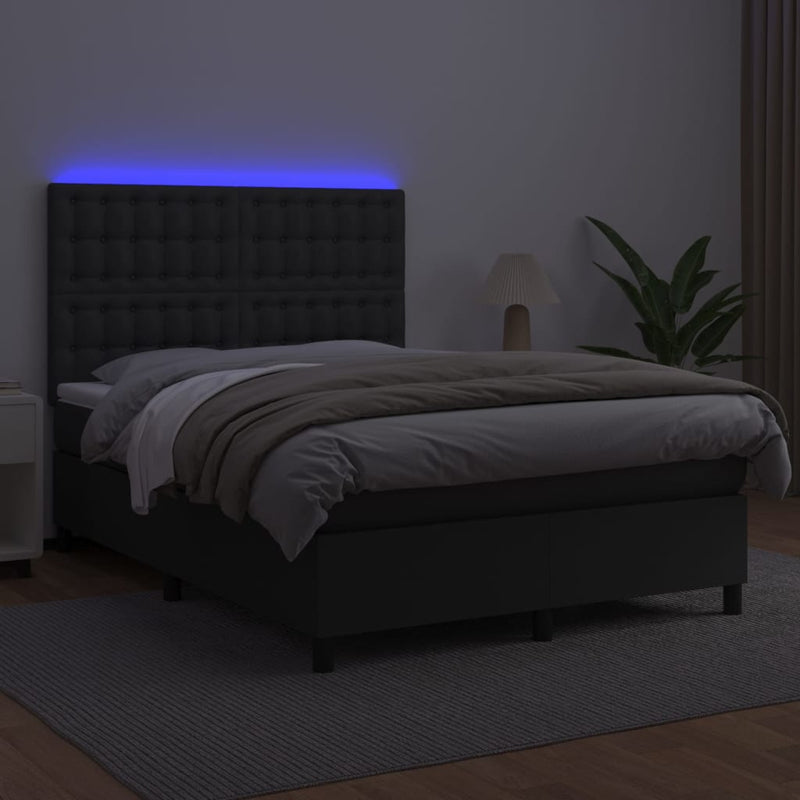 vidaXL fekete műbőr rugós ágy matraccal és LED-del 140 x 190 cm