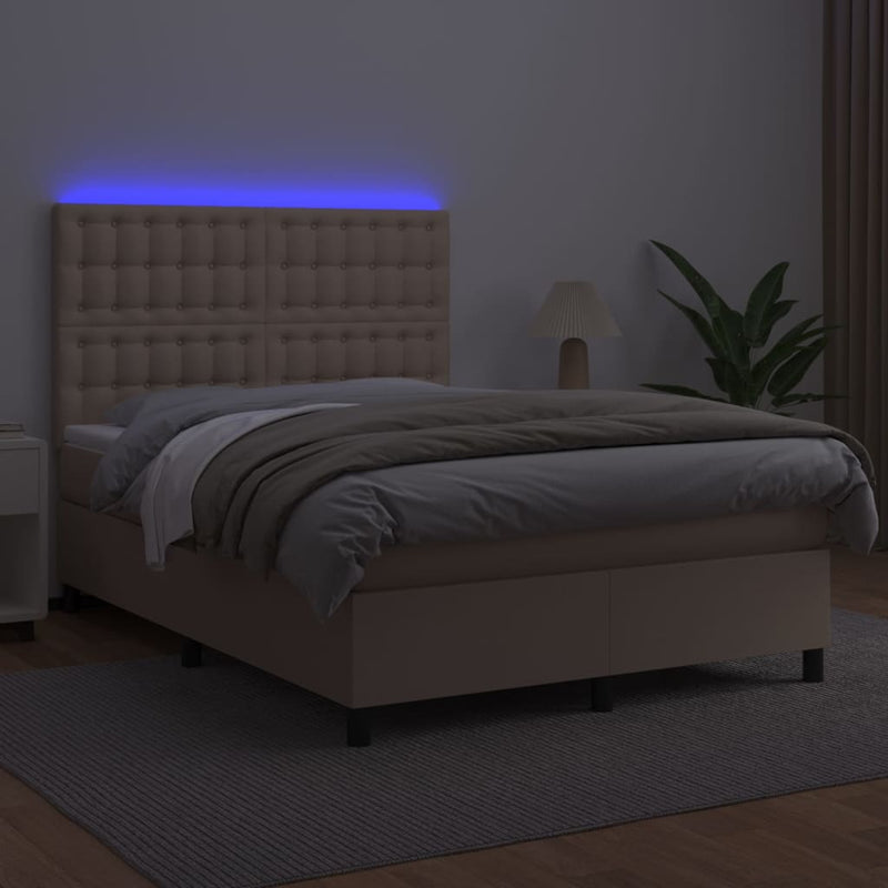 vidaXL cappuccino színű műbőr rugós ágy matraccal és LED-del 140x200cm