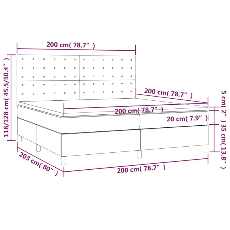 vidaXL szürke műbőr rugós ágy matraccal és LED-del 200x200 cm