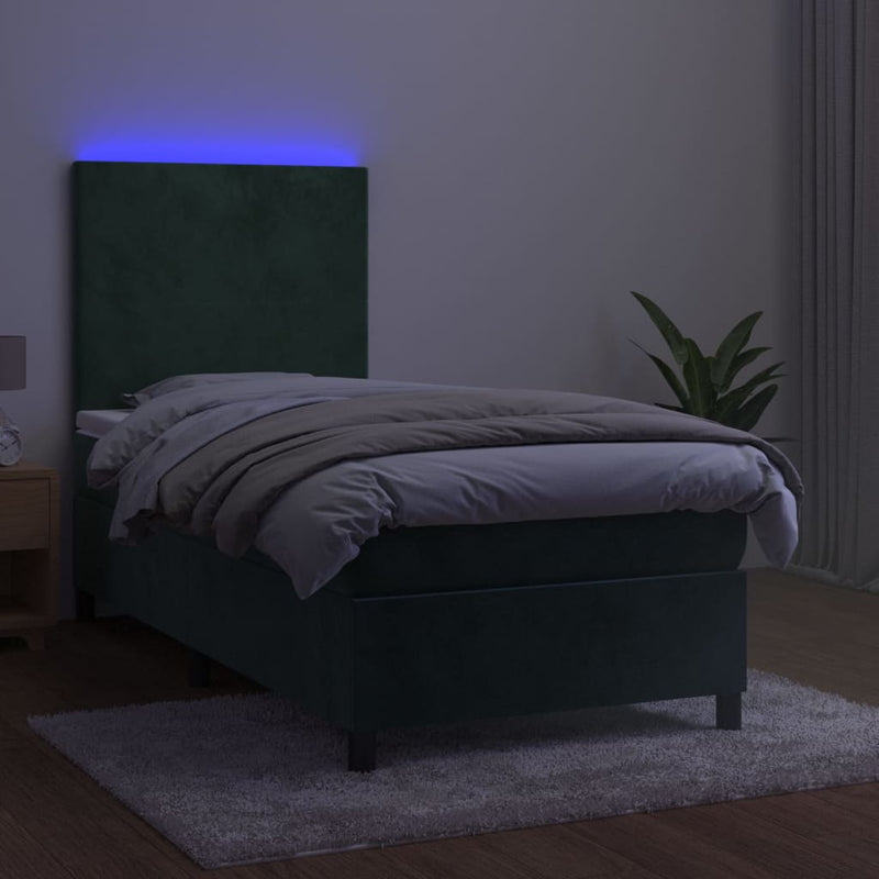 vidaXL sötétzöld bársony rugós és LED-es ágy matraccal 90x200 cm