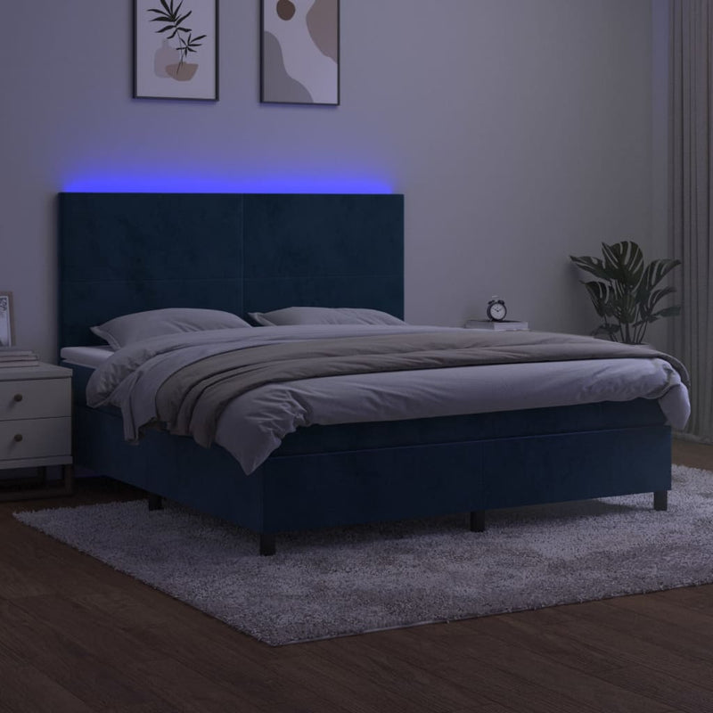 vidaXL sötétkék bársony rugós és LED-es ágy matraccal 160x200 cm
