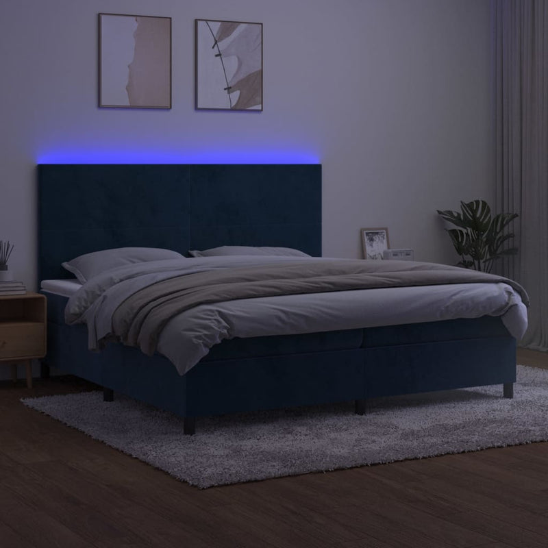 vidaXL sötétkék bársony rugós és LED-es ágy matraccal 200x200 cm