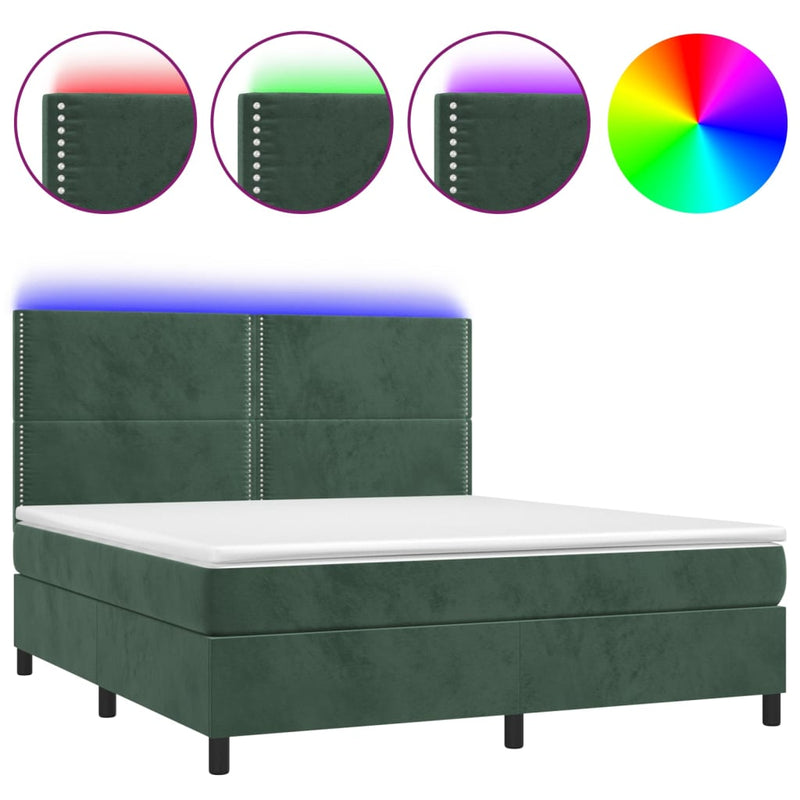vidaXL sötétzöld bársony rugós és LED-es ágy matraccal 160x200 cm