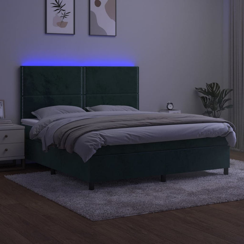 vidaXL sötétzöld bársony rugós és LED-es ágy matraccal 160x200 cm