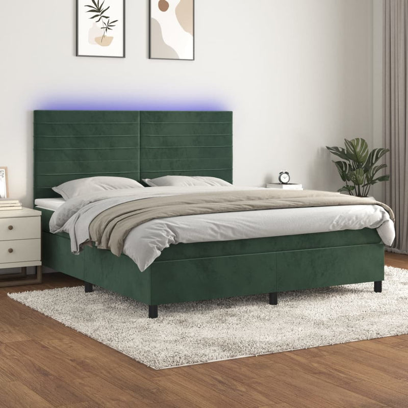 vidaXL sötétzöld bársony rugós és LED-es ágy matraccal 180x200 cm