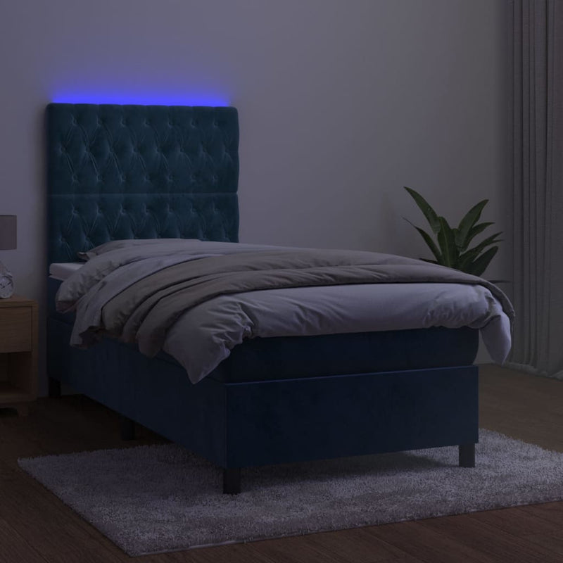 vidaXL sötétkék bársony rugós és LED-es ágy matraccal 100x200 cm