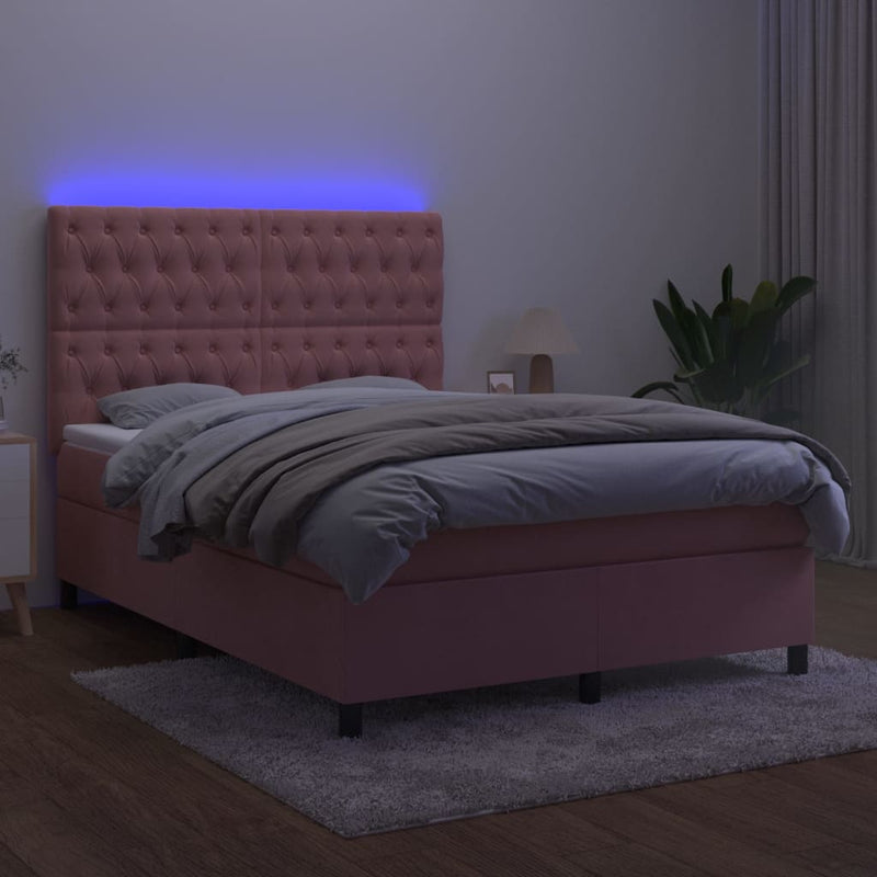 vidaXL rózsaszín bársony rugós és LED-es ágy matraccal 140x200 cm