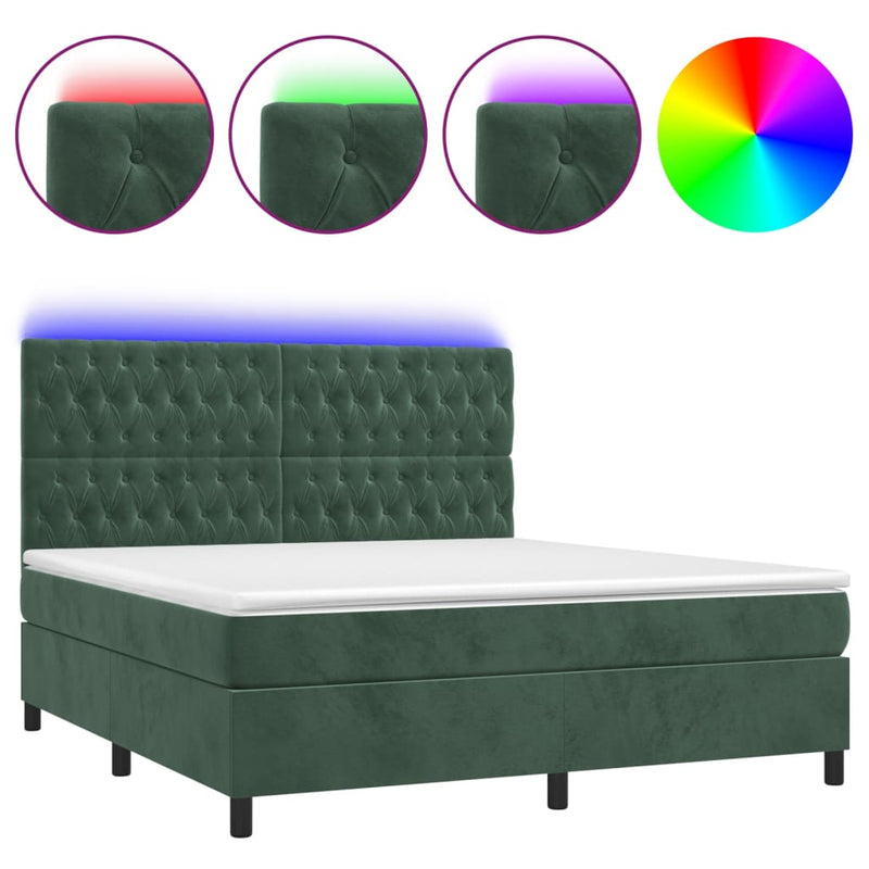 vidaXL sötétzöld bársony rugós és LED-es ágy matraccal 160x200 cm