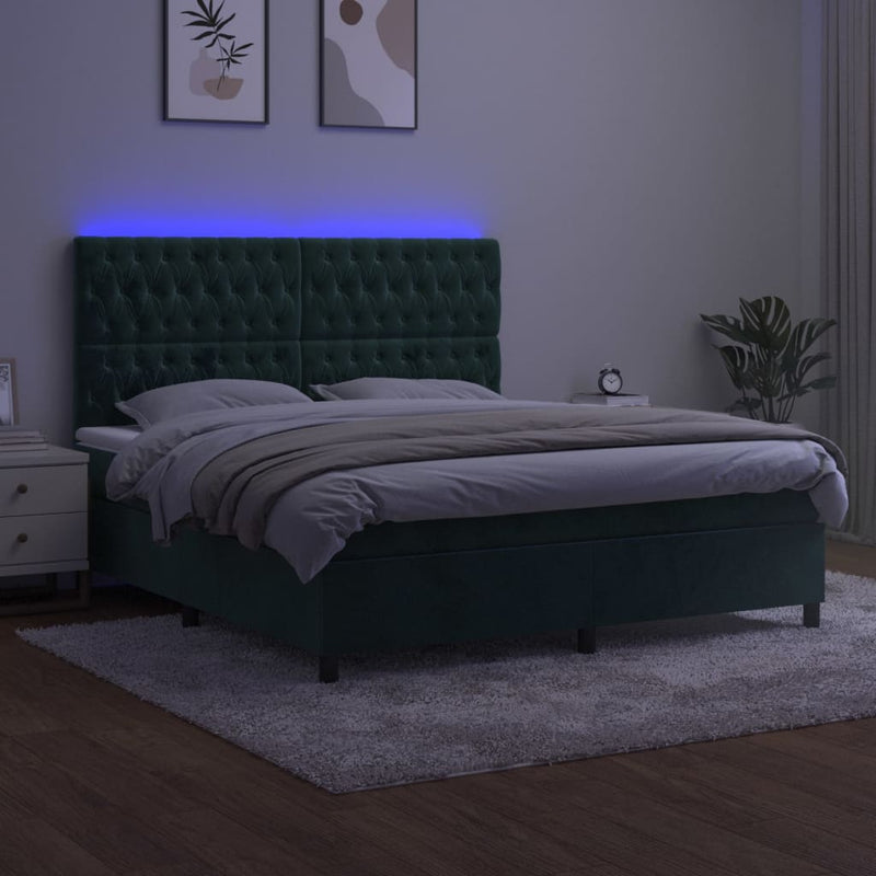 vidaXL sötétzöld bársony rugós és LED-es ágy matraccal 160x200 cm