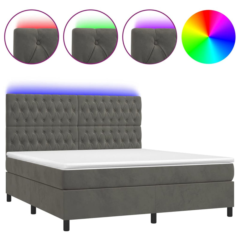 vidaXL sötétszürke bársony rugós és LED-es ágy matraccal 180x200 cm