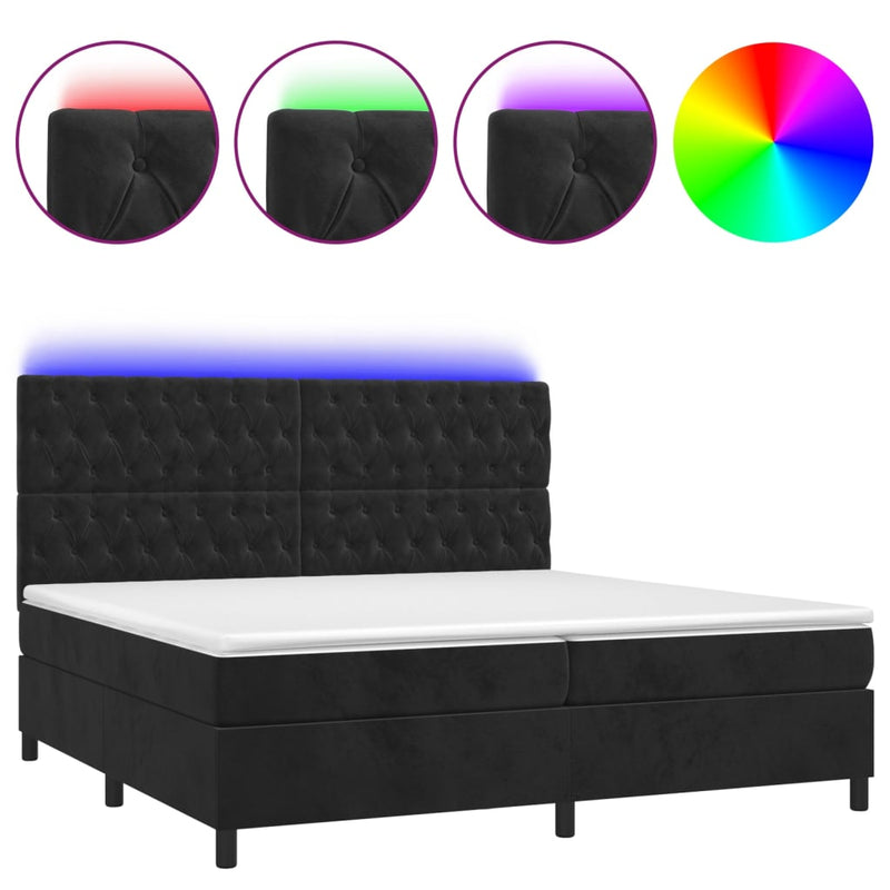 vidaXL fekete bársony rugós és LED-es ágy matraccal 200x200 cm