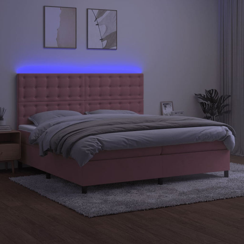 vidaXL rózsaszín bársony rugós és LED-es ágy matraccal 200x200 cm