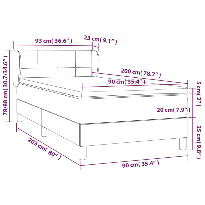 vidaXL világosszürke bársony rugós ágy matraccal 90 x 200 cm
