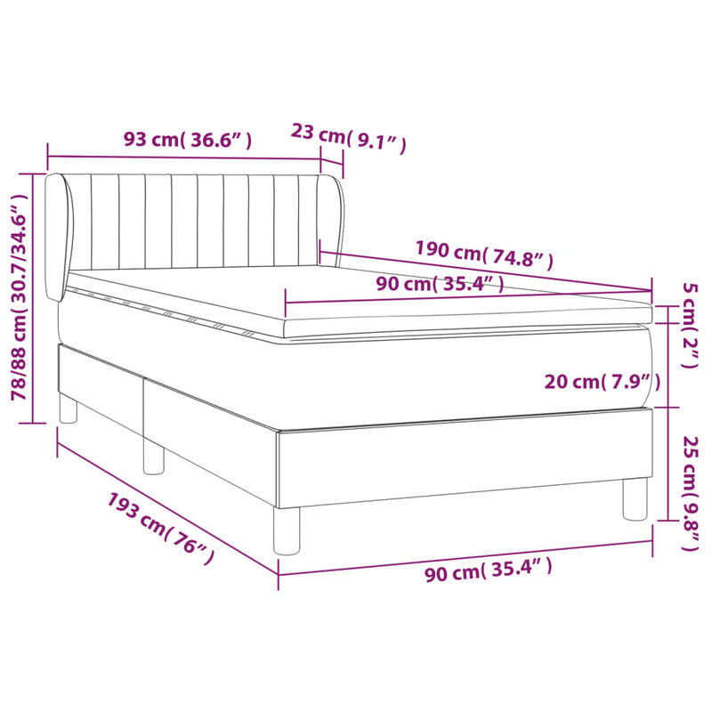 vidaXL sötétszürke bársony rugós ágy matraccal 90x190 cm
