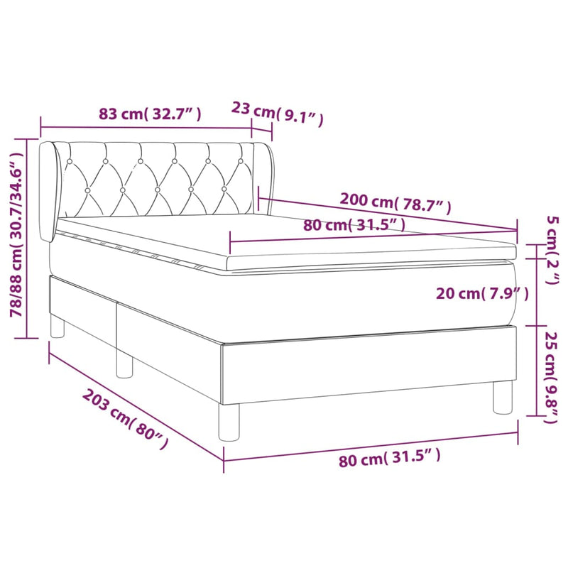 vidaXL világosszürke bársony rugós ágy matraccal 80 x 200 cm