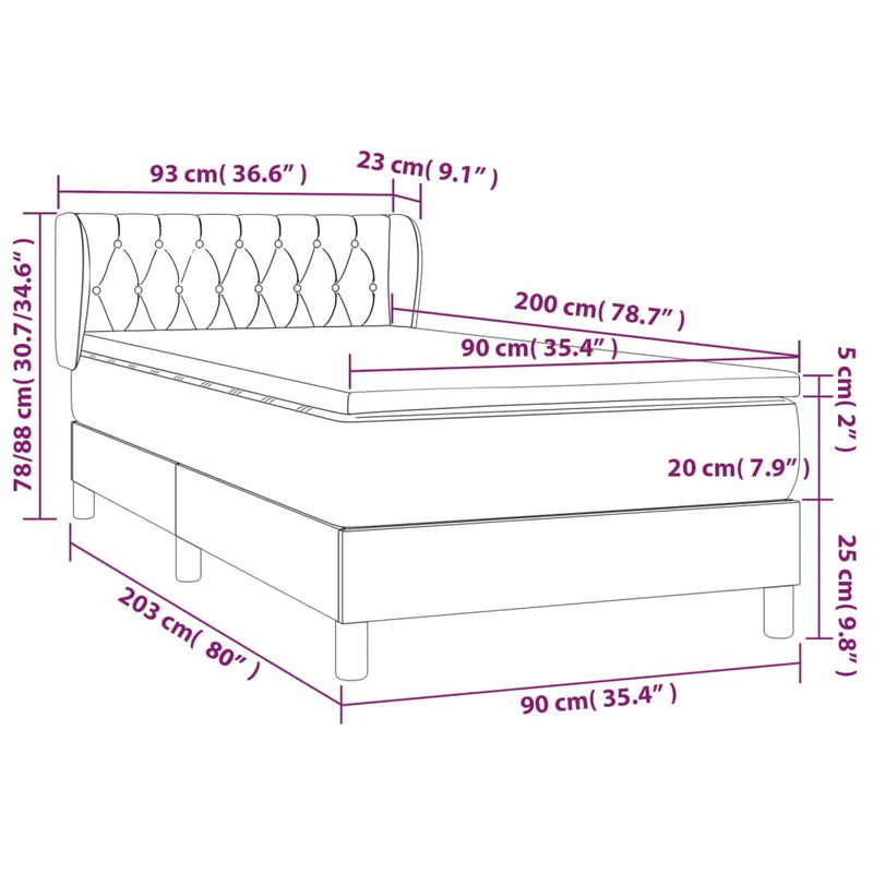 vidaXL fekete bársony rugós ágy matraccal 90 x 200 cm