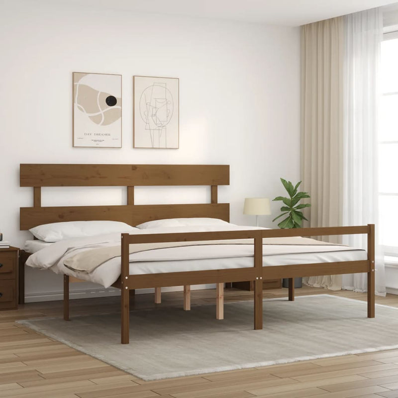 vidaXL mézbarna tömör fa ágy időseknek fejtámlával 200x200 cm