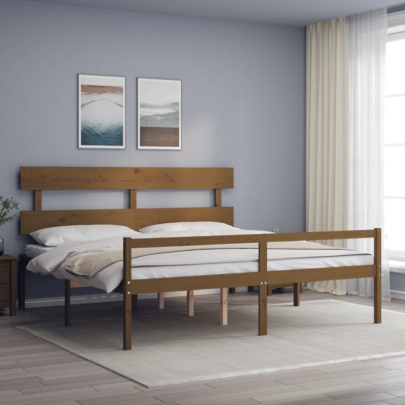 vidaXL mézbarna tömör fa ágy időseknek fejtámlával 200x200 cm