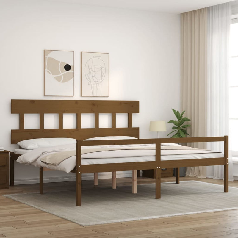 vidaXL mézbarna tömör fa ágy időseknek fejtámlával 200x200 cm