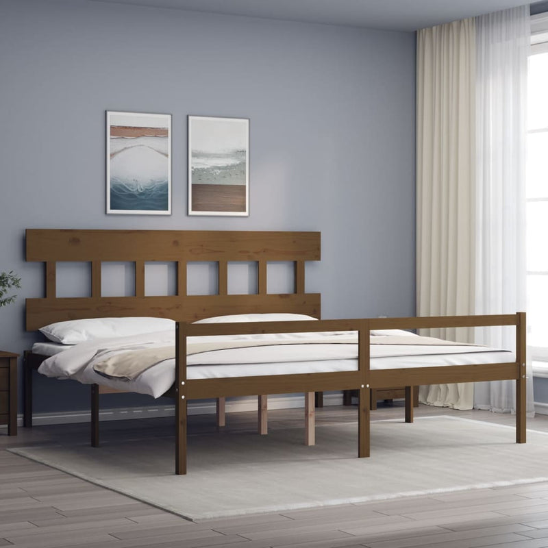 vidaXL mézbarna tömör fa ágy időseknek fejtámlával 200x200 cm