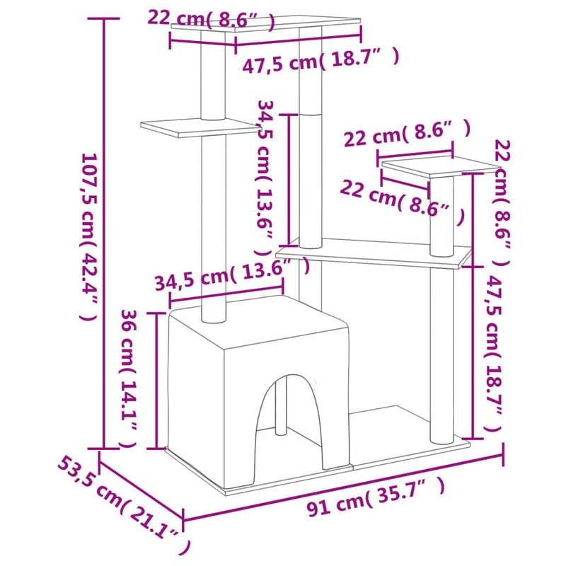 vidaXL világosszürke macskabútor szizál kaparófákkal 107,5 cm