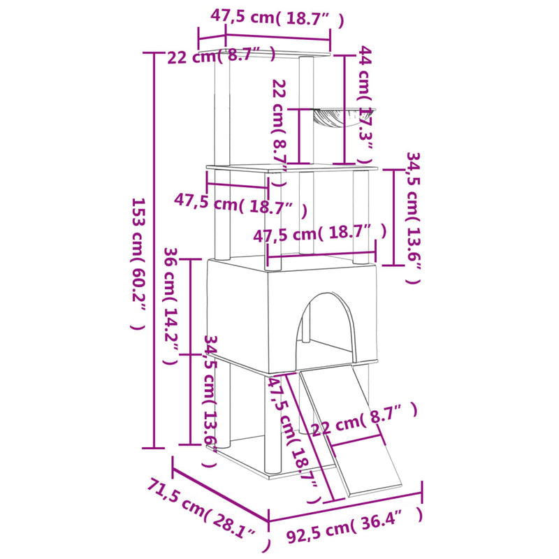 vidaXL világosszürke macskabútor szizál kaparófákkal 153 cm