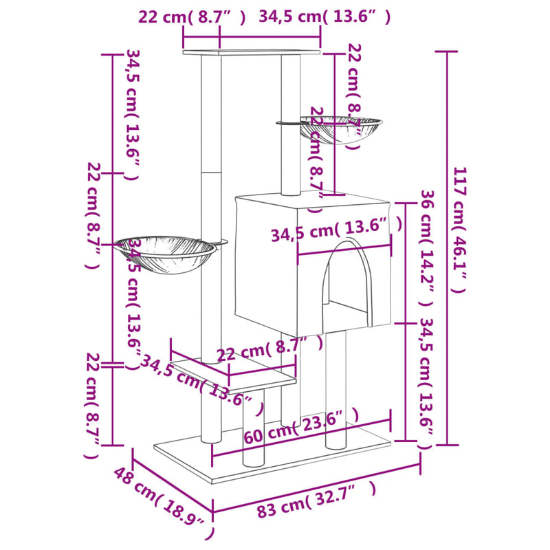 vidaXL világosszürke macskabútor szizál kaparófákkal 117 cm