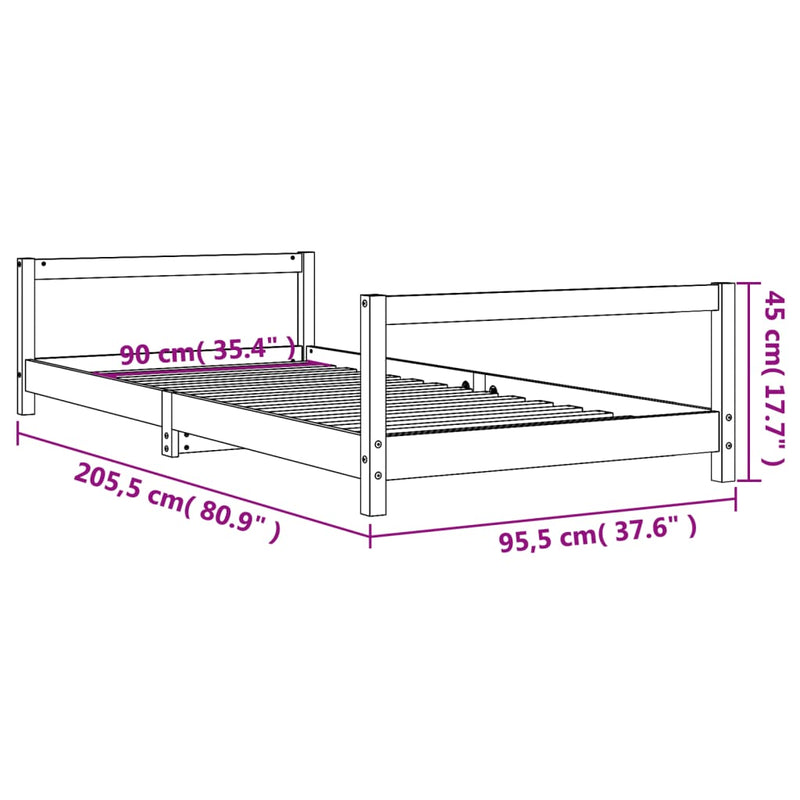 vidaXL fekete tömör fenyőfa gyerekágykeret 90 x 200 cm
