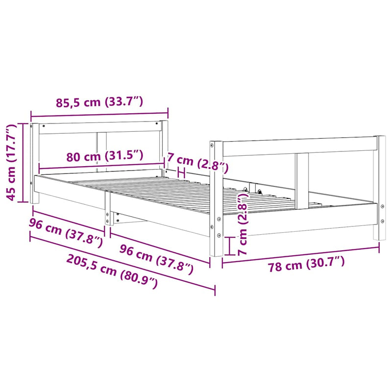 vidaXL tömör fenyőfa gyerekágykeret 80 x 200 cm