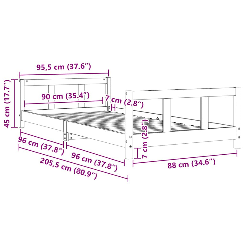 vidaXL tömör fenyőfa gyerekágykeret 90 x 200 cm