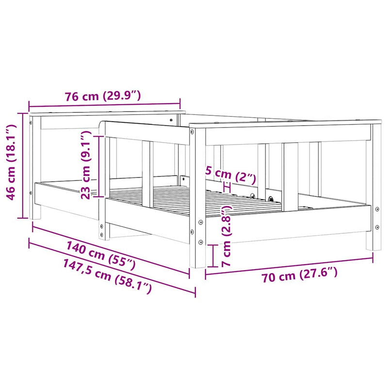 vidaXL tömör fenyőfa gyerekágykeret 70 x 140 cm