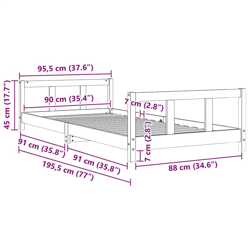 vidaXL fehér tömör fenyőfa gyerekágykeret 90x190 cm