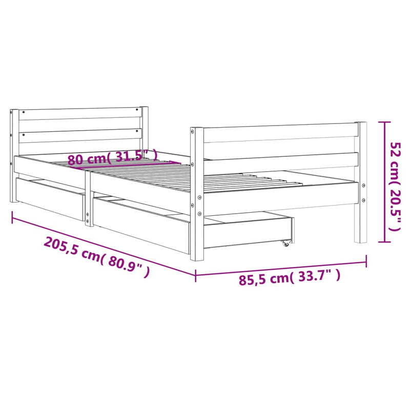 vidaXL fekete tömör fenyőfa gyerekágykeret fiókokkal 80 x 200 cm