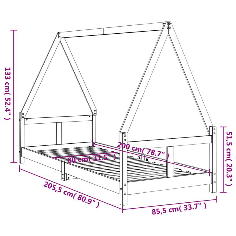 vidaXL tömör fenyőfa gyerekágykeret 80 x 200 cm