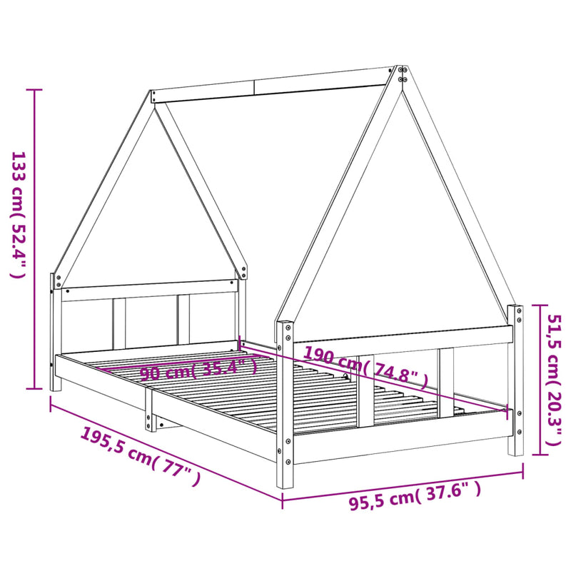 vidaXL fekete tömör fenyőfa gyerekágykeret 90 x 190 cm