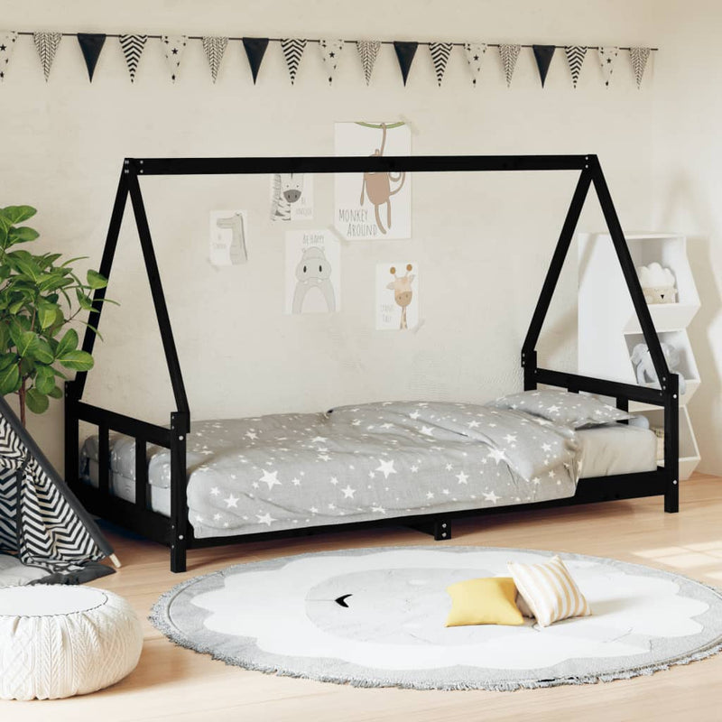 vidaXL fekete tömör fenyőfa gyerekágykeret 90 x 190 cm