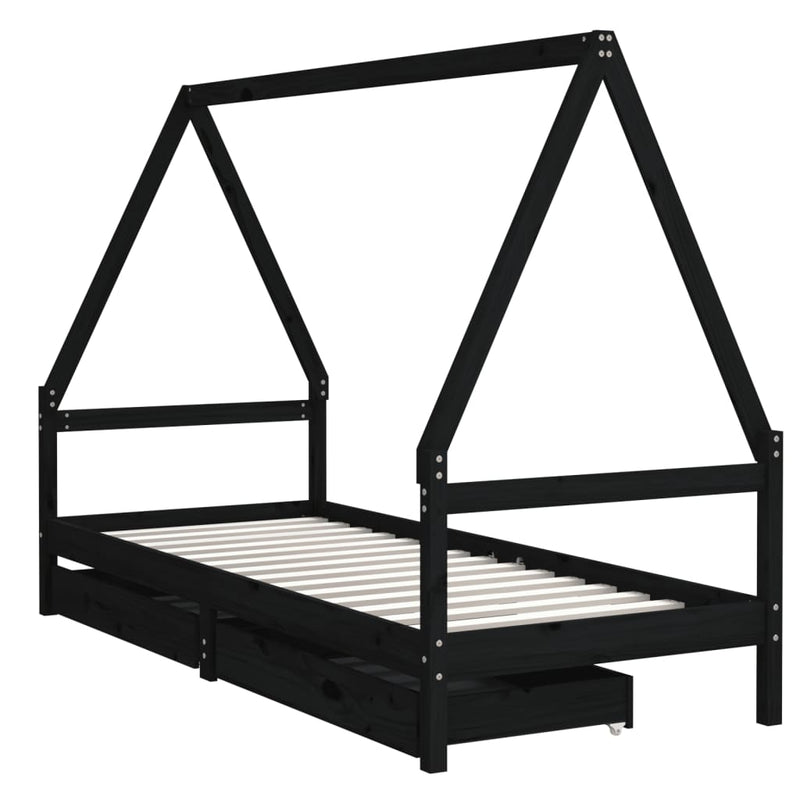 vidaXL fekete tömör fenyőfa gyerekágykeret fiókokkal 80 x 200 cm