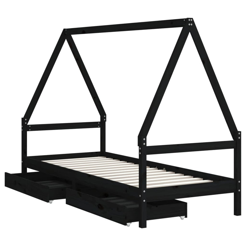 vidaXL fekete tömör fenyőfa gyerekágykeret fiókokkal 80 x 200 cm