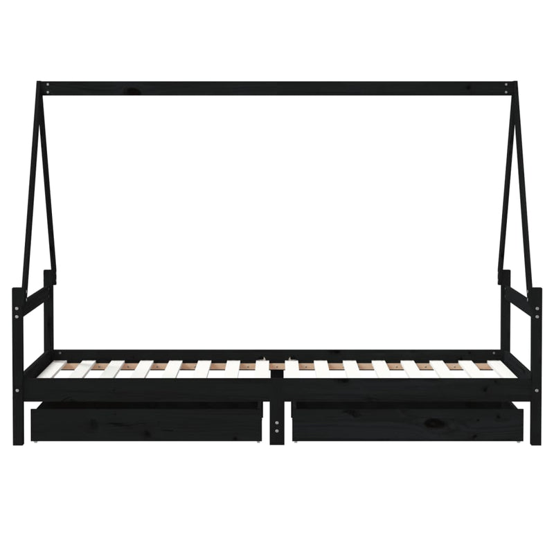 vidaXL fekete tömör fenyőfa gyerekágykeret fiókokkal 80 x 200 cm