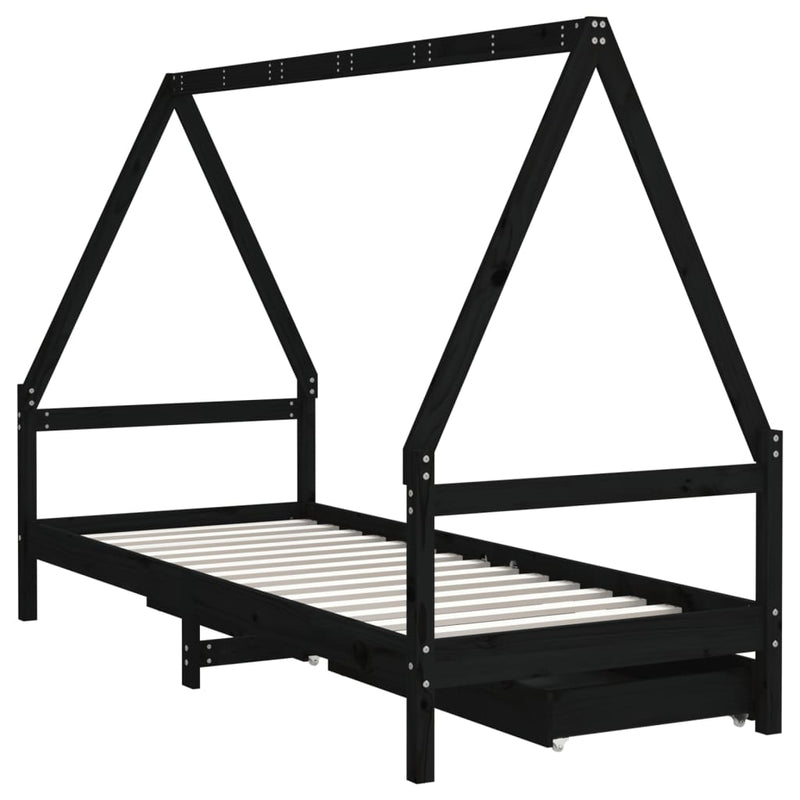 vidaXL fekete tömör fenyőfa gyerekágykeret fiókokkal 80 x 200 cm