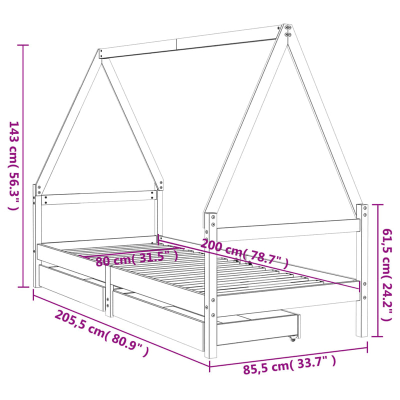 vidaXL fekete tömör fenyőfa gyerekágykeret fiókokkal 80 x 200 cm