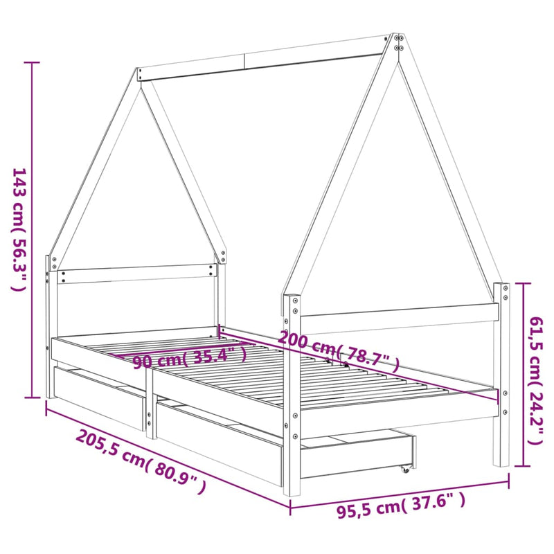 vidaXL tömör fenyőfa gyerekágykeret fiókokkal 90 x 200 cm
