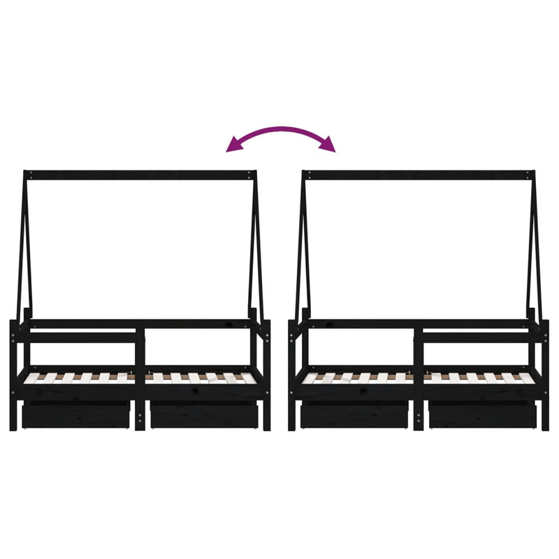 vidaXL fekete tömör fenyőfa gyerekágykeret fiókokkal 70 x 140 cm