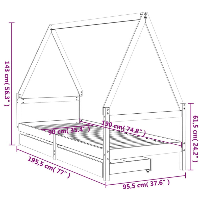 vidaXL tömör fenyőfa gyerekágy keret fiókkal 90x190 cm