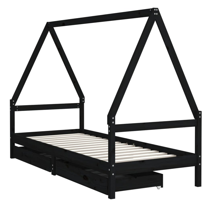 vidaXL fekete tömör fenyőfa gyerekágy keret fiókkal 90x190 cm